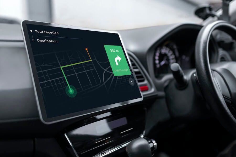 GPS screen on dashboard of a car